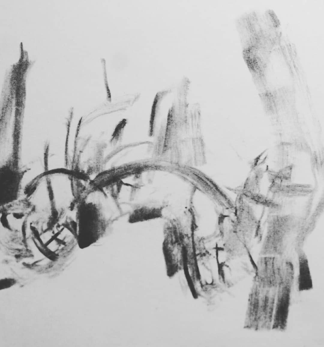 Habib Rezaei, aa horizontal abstract drawing using charcoal and conte pencil