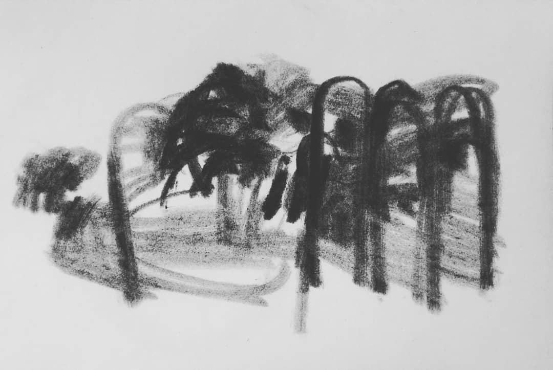 Habib Rezaei, a abstract drawing with curves and vertical lines and small stocks using charcoals on paper