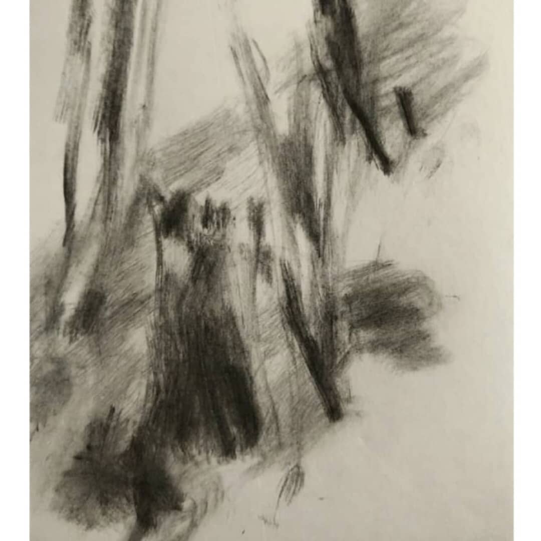 Habib Rezaei, a black abstract drawing with charcoals on paper